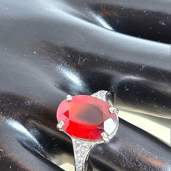 925 Sterling Silver Ring with Natural  Hessonite Garnet Gem & CZ - Picture 13 of 16